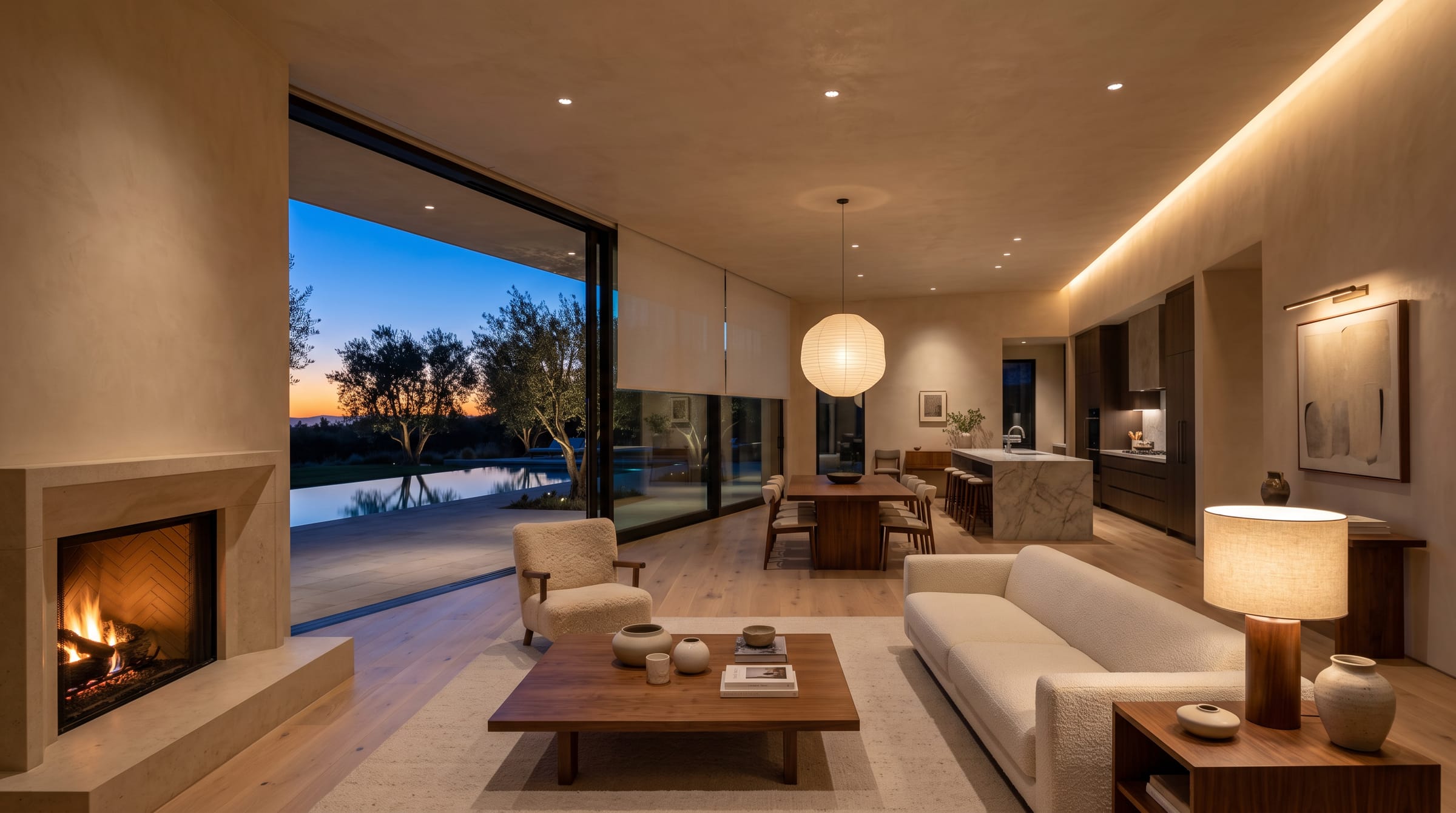 An open great room at dusk, layered warm light, sheer shades half lowered over a glass wall to a terrace and pool