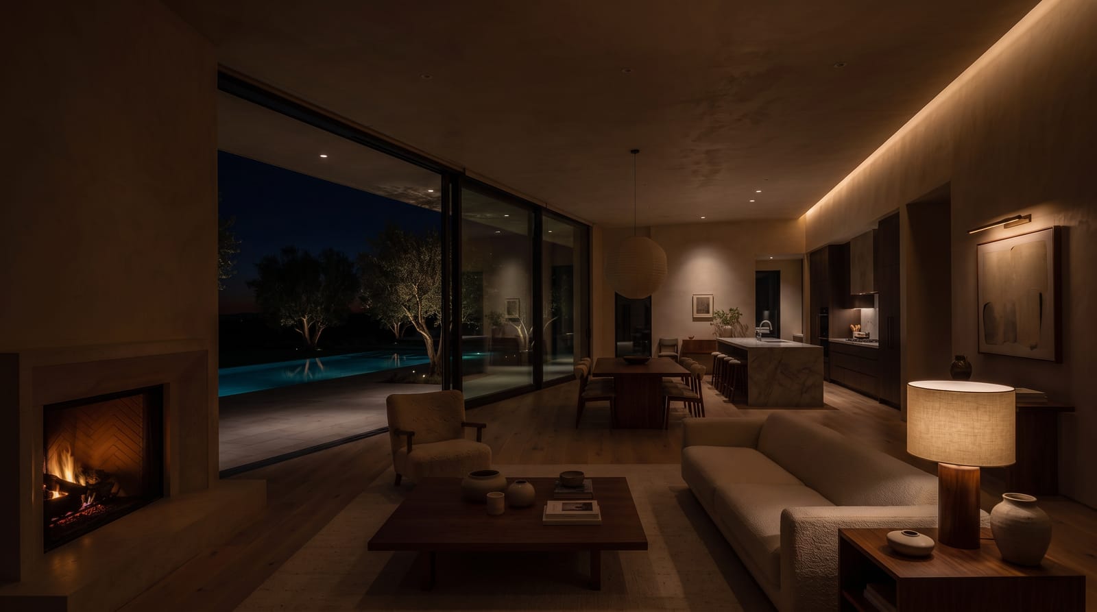 The great room late at night, only the fire, one lamp, and a faint cove